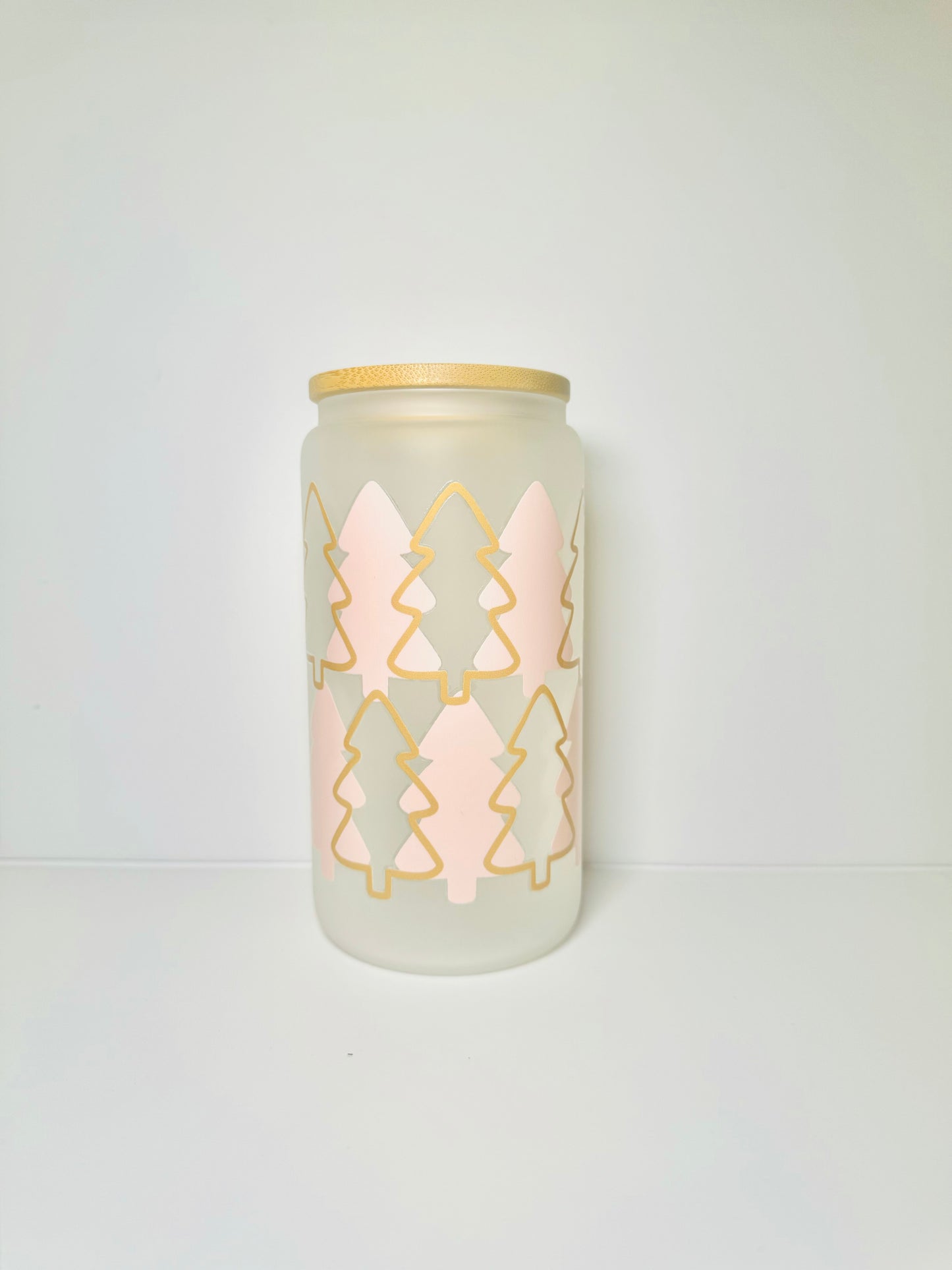 Pink Trees Christmas 16oz Glass Cup with Vibrant DTF Wrap