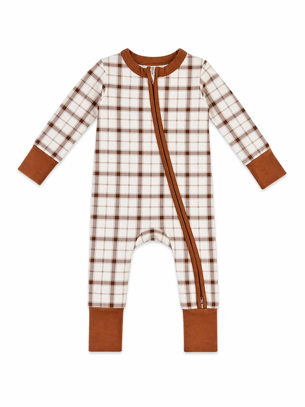 Rust & Cream Plaid Zip-Up Baby Romper