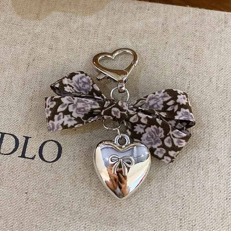 Elegant Floral Print Bow Heart Keychain Charms DP25F586