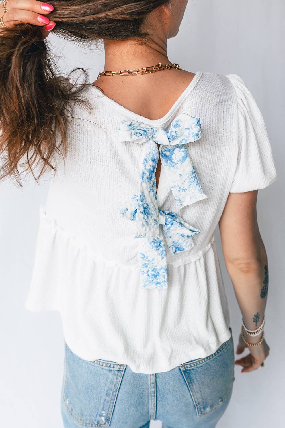 Textured Knit V Neck Back Bow Knot Top | S-XL