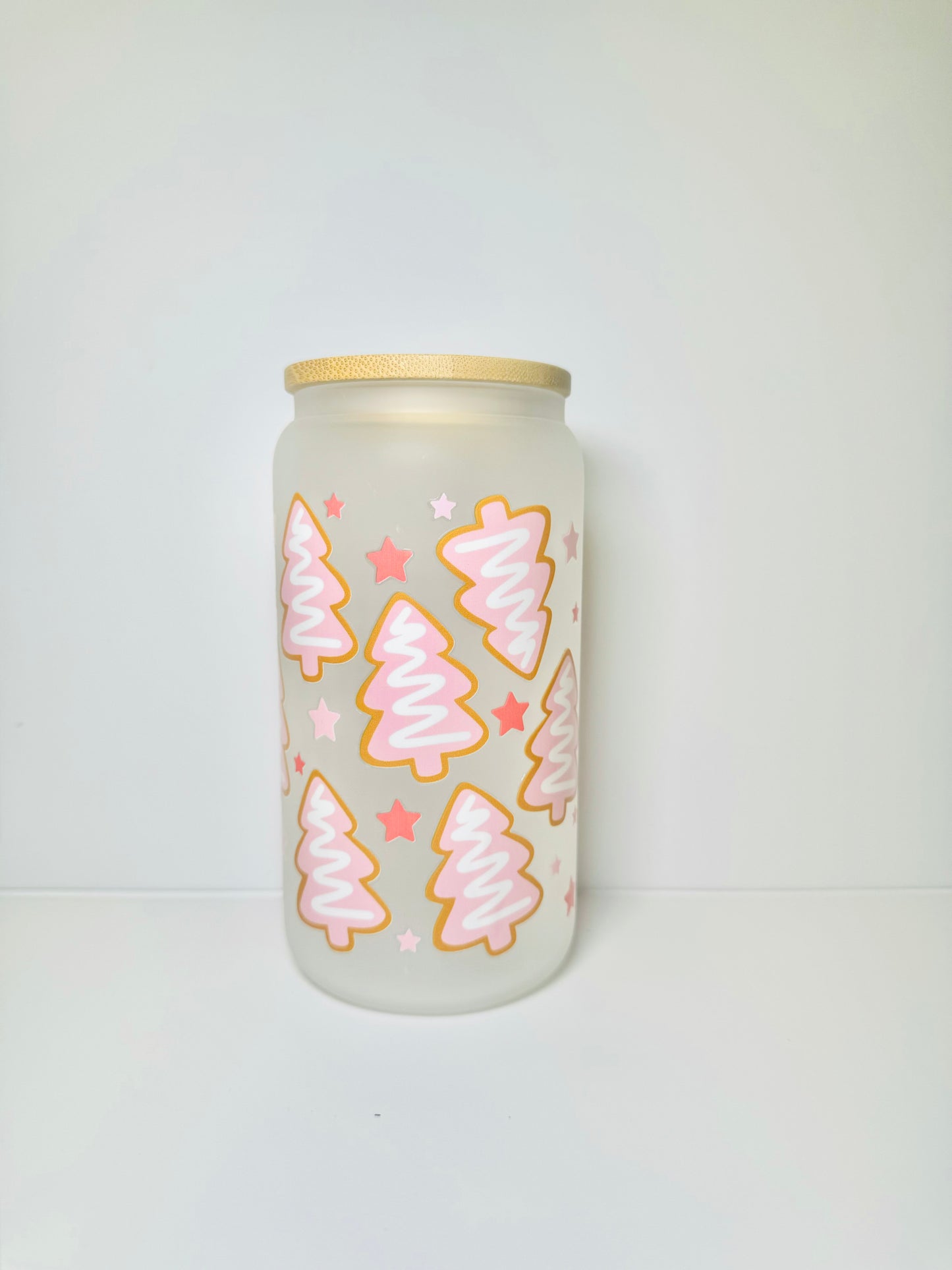 Frosted Pink Trees Christmas 16oz Glass Cup with Vibrant DTF Wrap