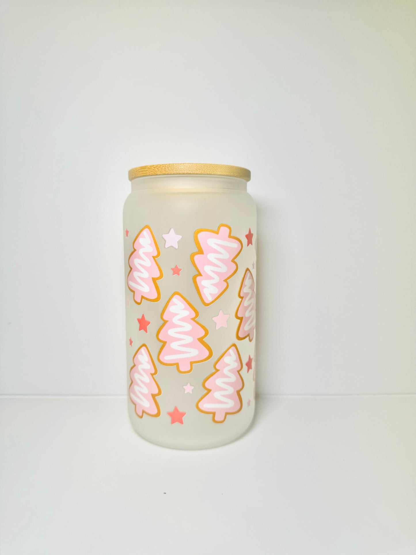 Frosted Pink Trees Christmas 16oz Glass Cup with Vibrant DTF Wrap