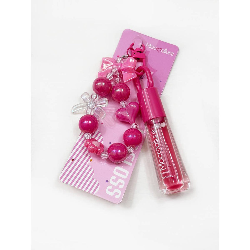 Cute Bow Charm Keychain with Scented Lip Gloss Set
