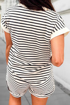 Stripe Half Buttons Short Sleeve 2pcs Shorts Set | S-XL