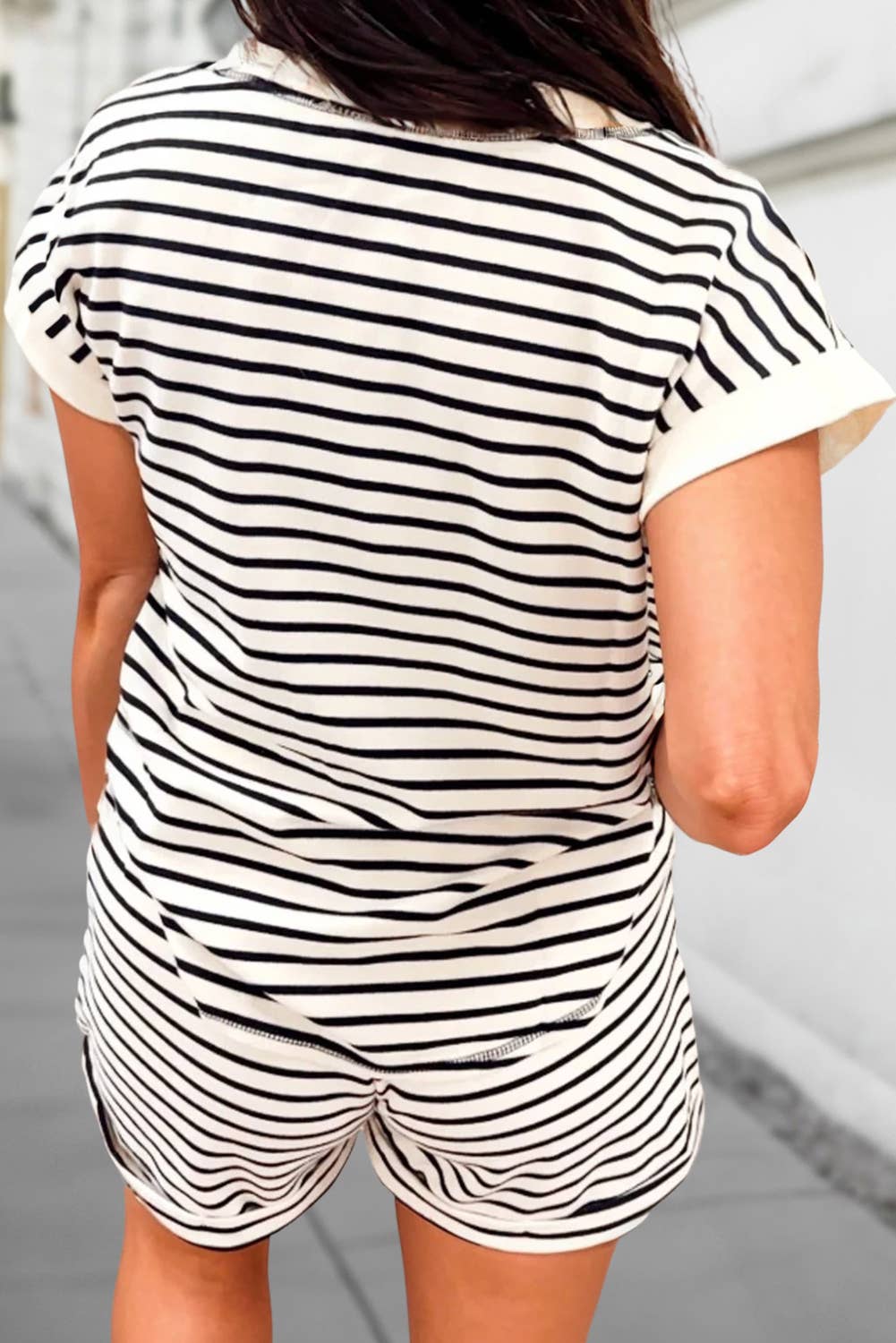 Stripe Half Buttons Short Sleeve 2pcs Shorts Set | S-XL