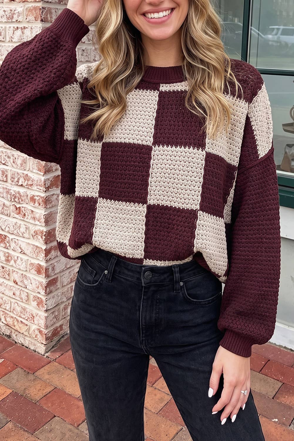Burgundy & Cream Checkered Knit Sweater