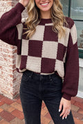 Burgundy & Cream Checkered Knit Sweater