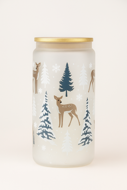 Winter Woodland Glass Cup – 16oz Frosted Deer & Trees Design