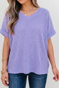 Waffle Texture V Neck Short Sleeve Knit Top | S-XL