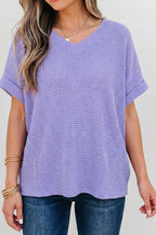 Waffle Texture V Neck Short Sleeve Knit Top | S-XL