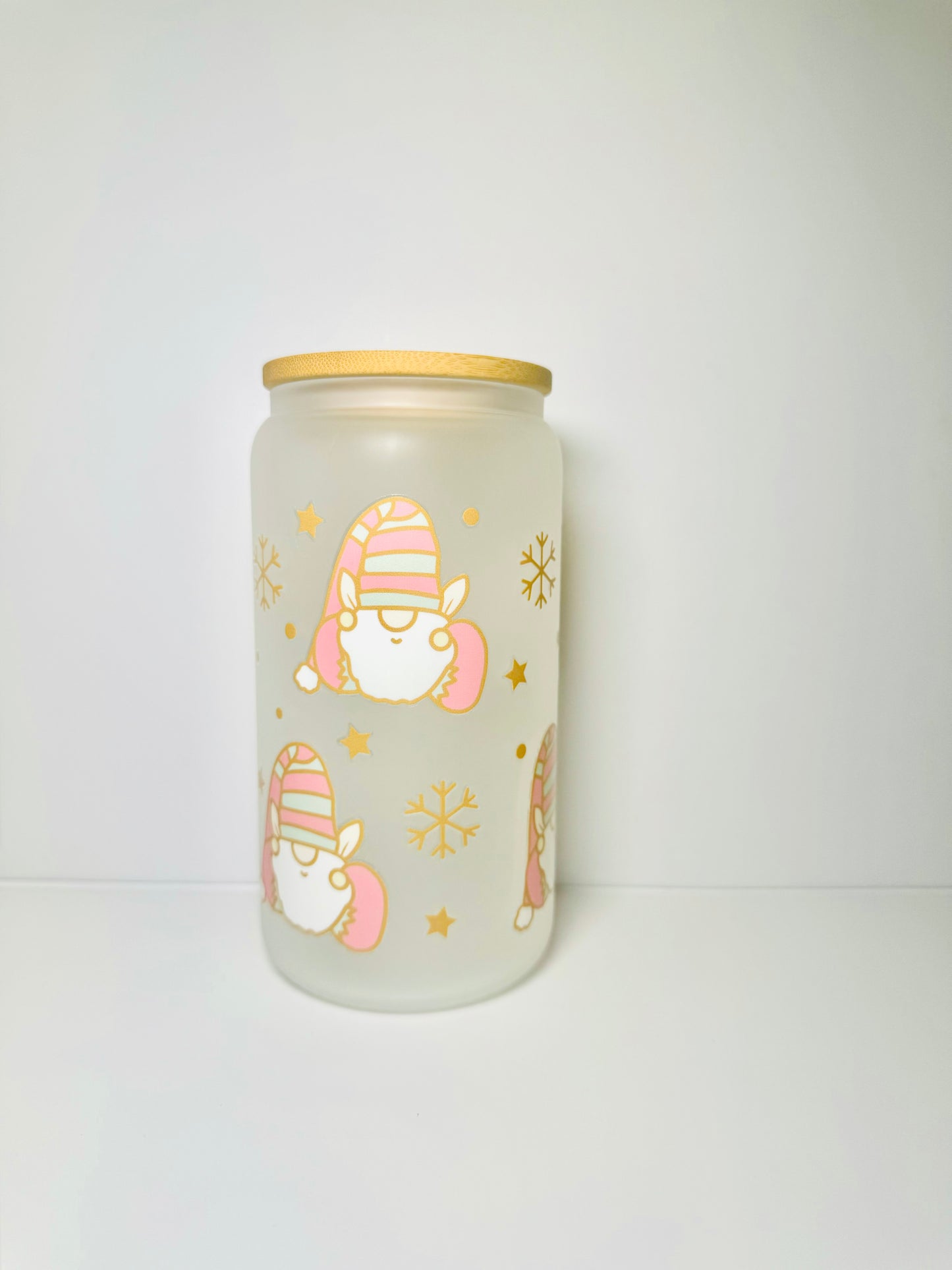Gnomes Christmas 16oz Glass Cup with Vibrant DTF Wrap