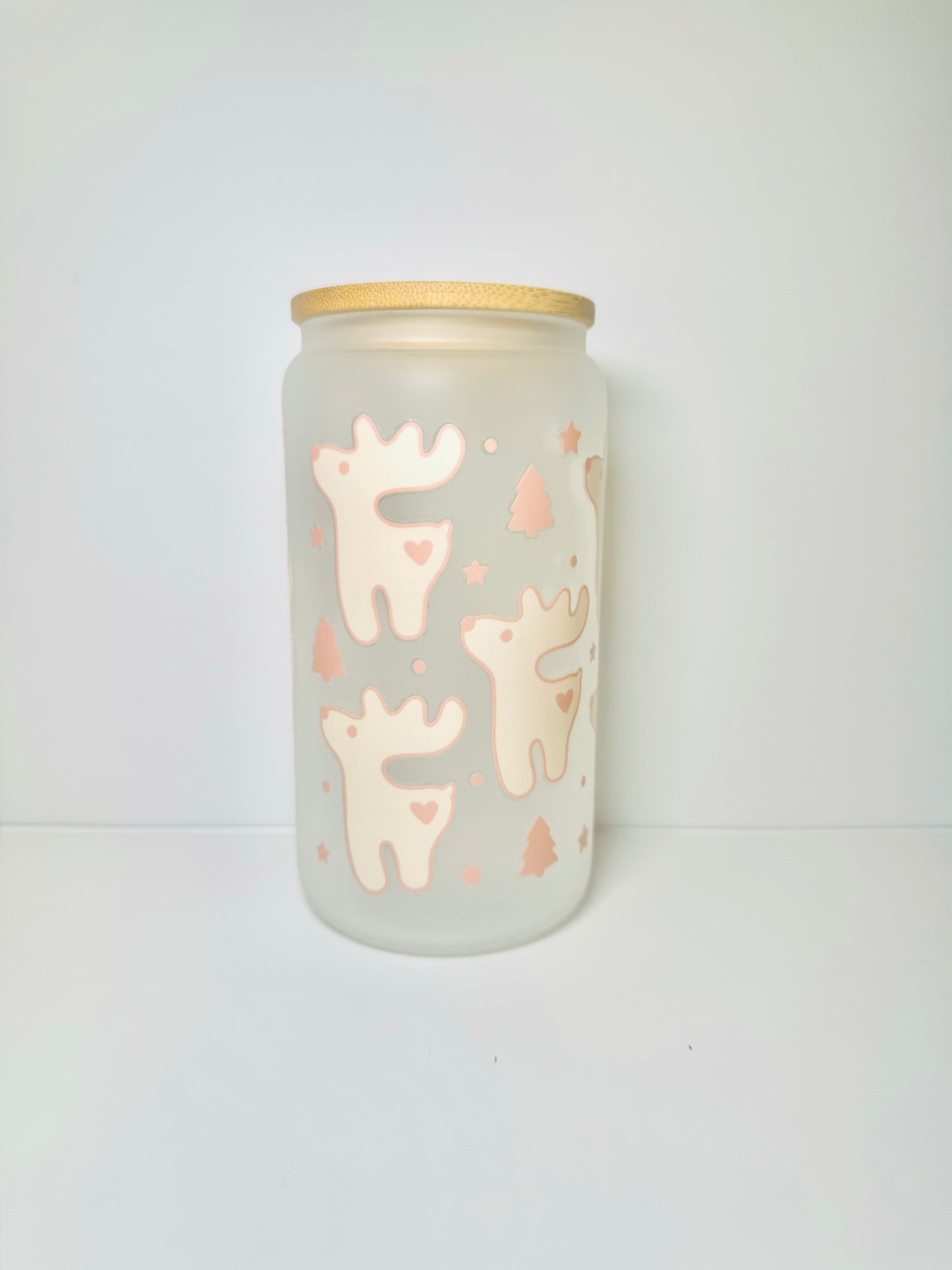 Reindeer Christmas 16oz Glass Cup with Vibrant DTF Wrap