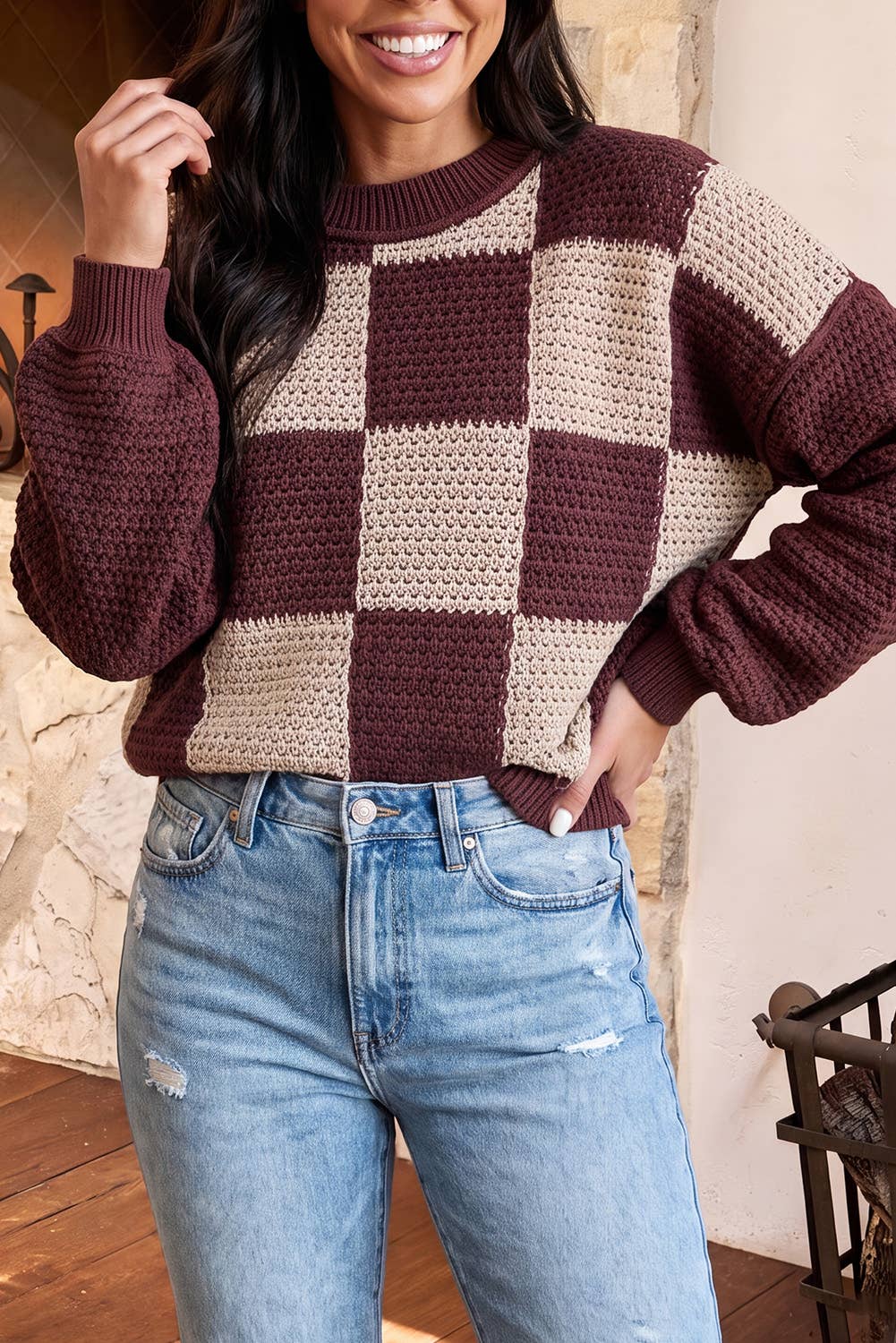 Burgundy & Cream Checkered Knit Sweater