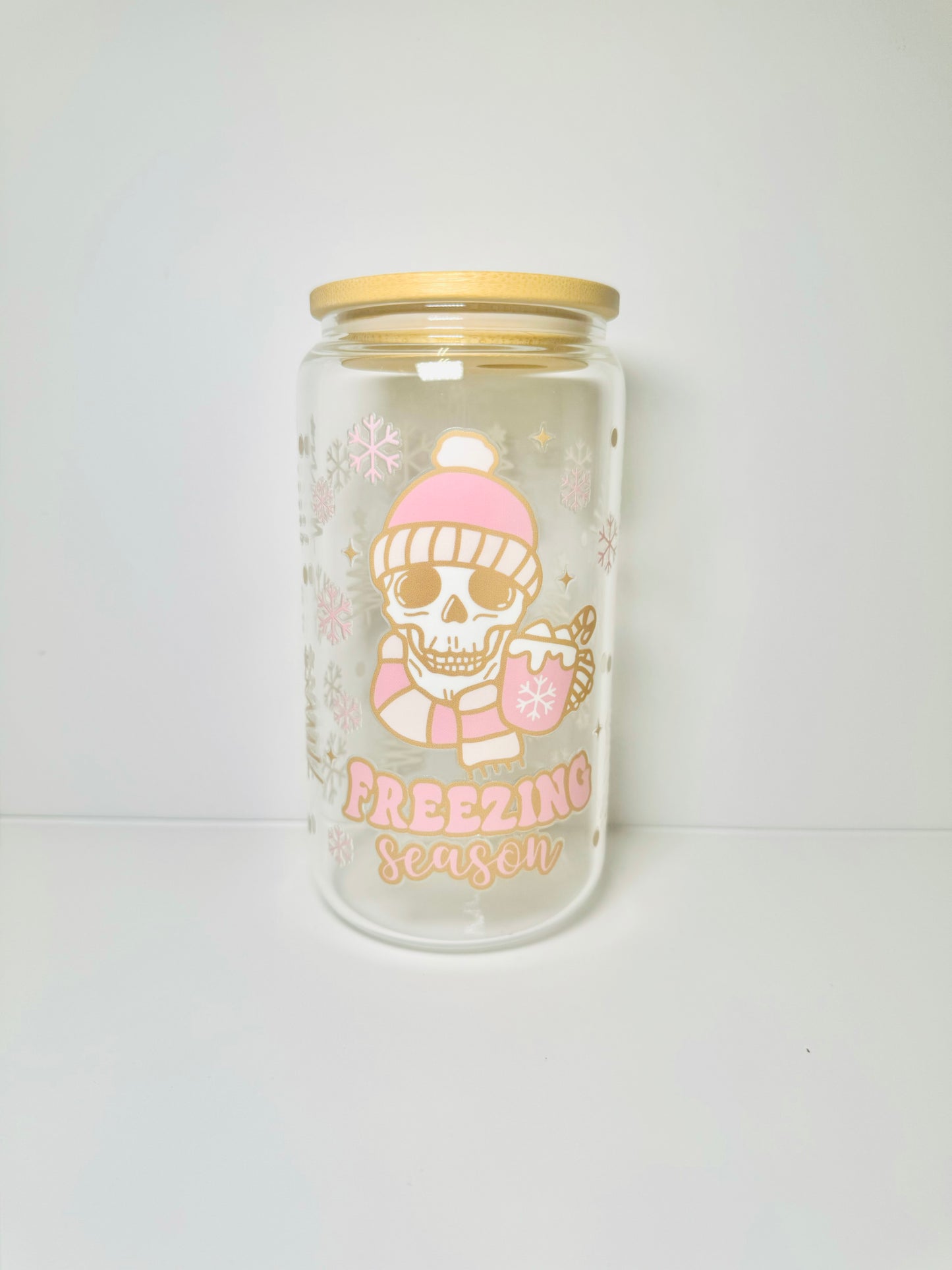 Freezing Season Christmas 16oz Glass Cup with Vibrant DTF Wrap