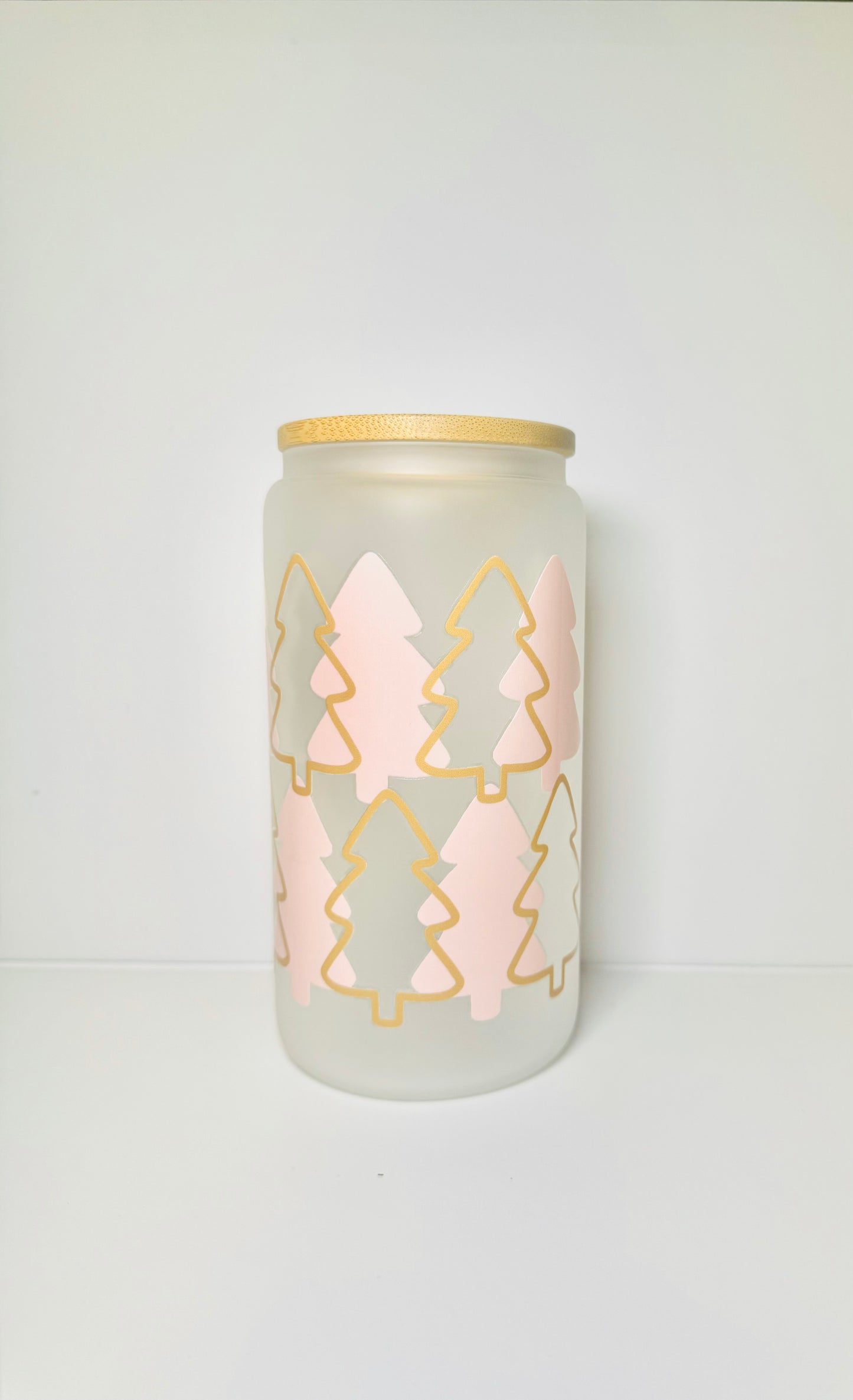 Pink Trees Christmas 16oz Glass Cup with Vibrant DTF Wrap