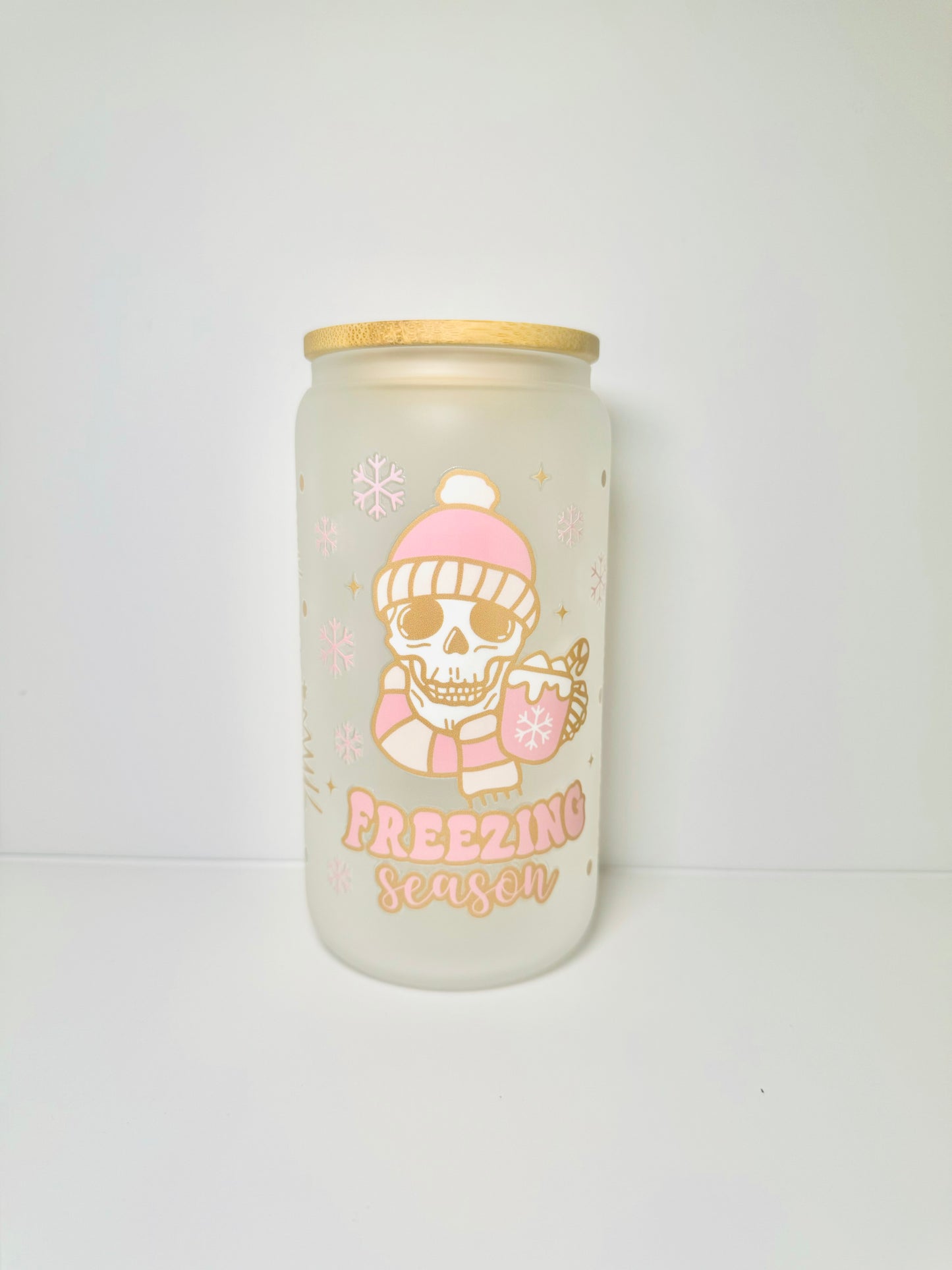 Freezing Season Christmas 16oz Glass Cup with Vibrant DTF Wrap