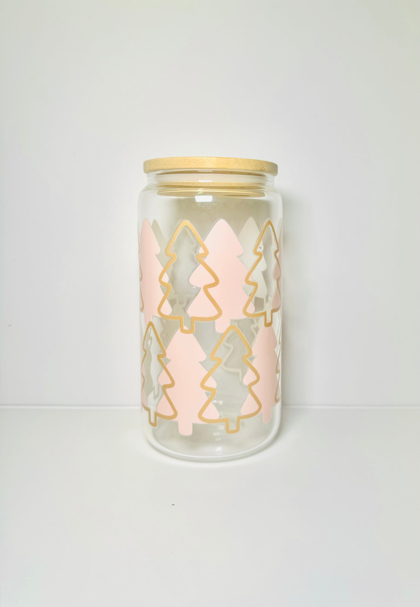 Pink Trees Christmas 16oz Glass Cup with Vibrant DTF Wrap