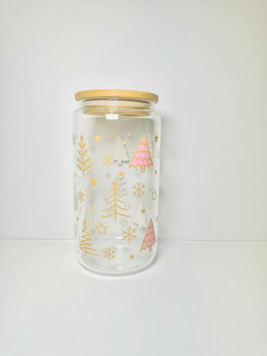 Christmas Trees 16oz Glass Cup with Vibrant DTF Wrap