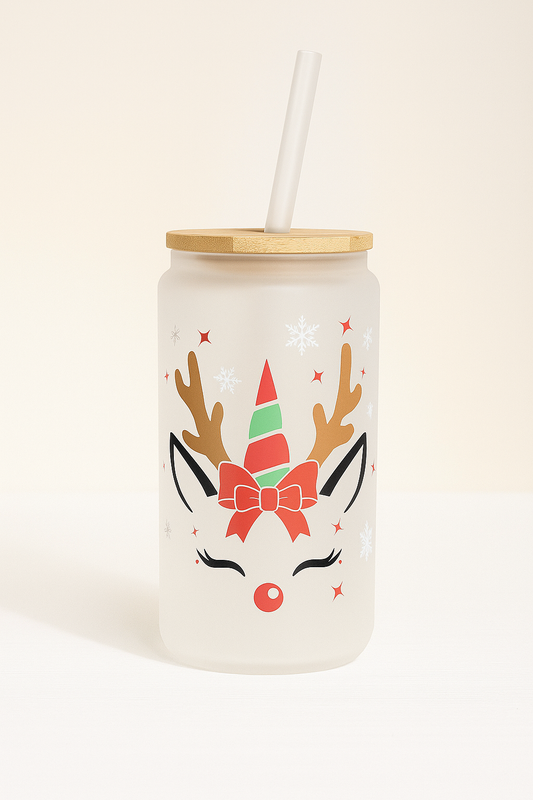 🦌 Reindeer Unicorn Christmas 16oz Glass Cup