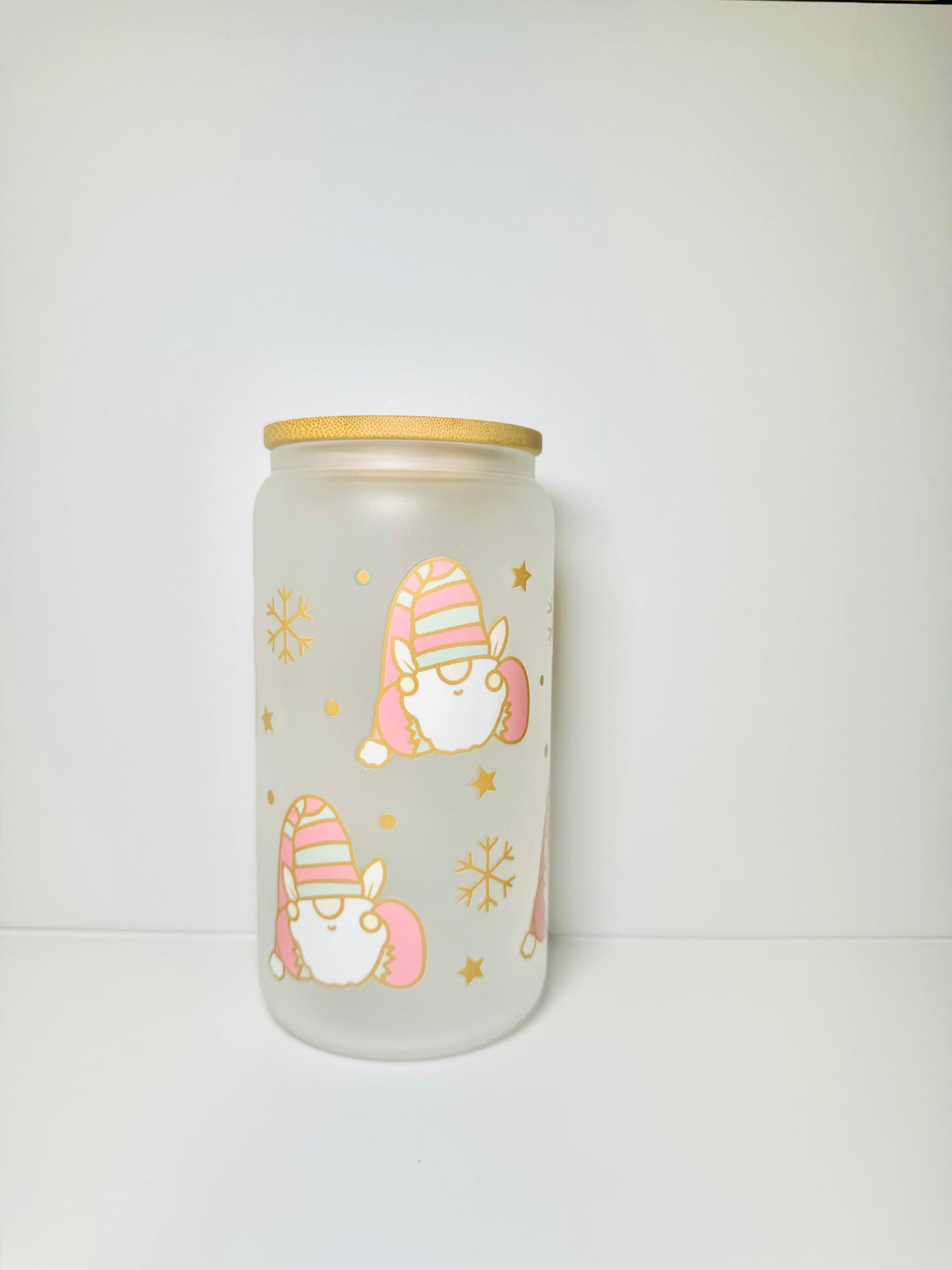 Gnomes Christmas 16oz Glass Cup with Vibrant DTF Wrap