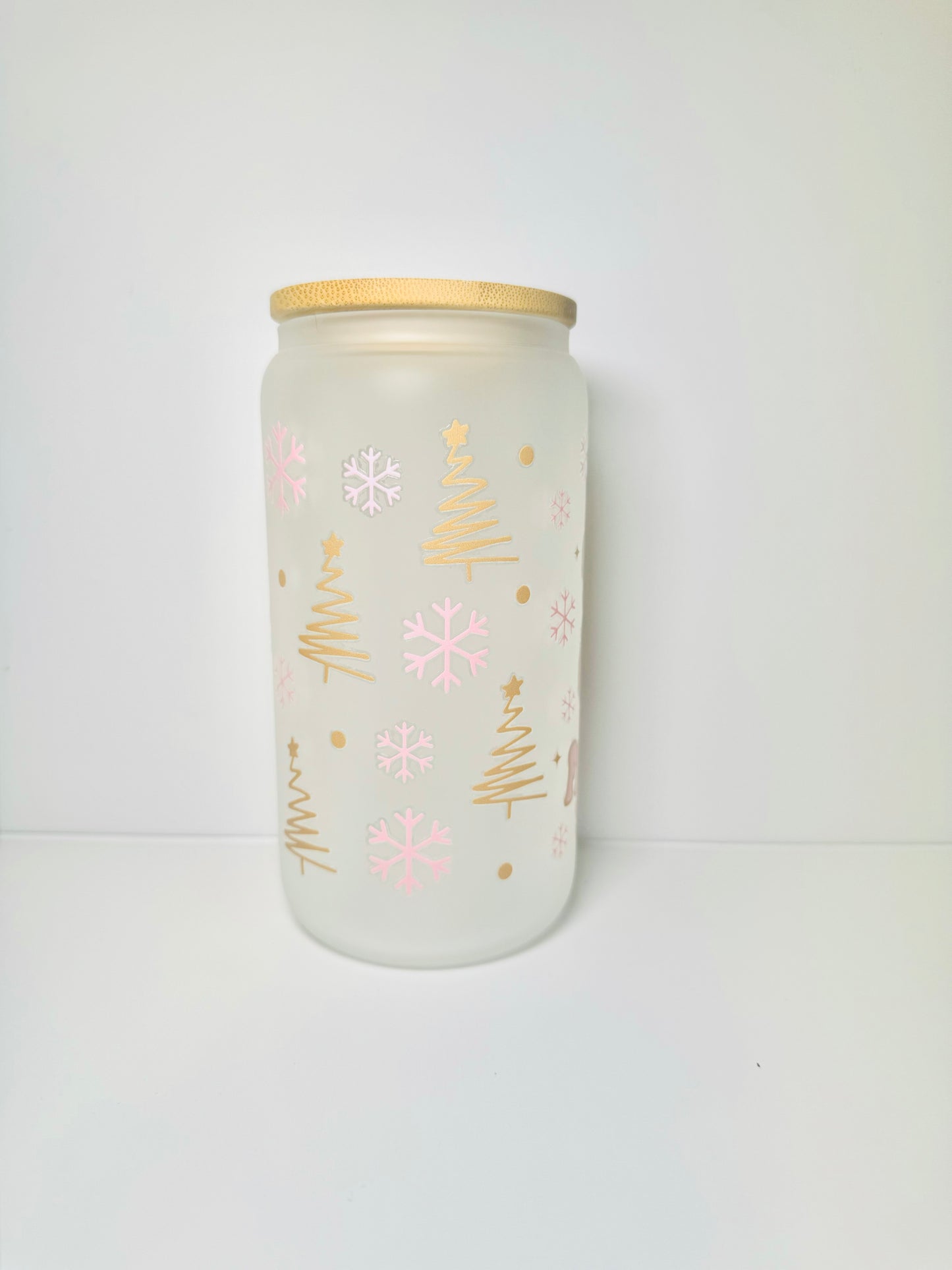 Freezing Season Christmas 16oz Glass Cup with Vibrant DTF Wrap