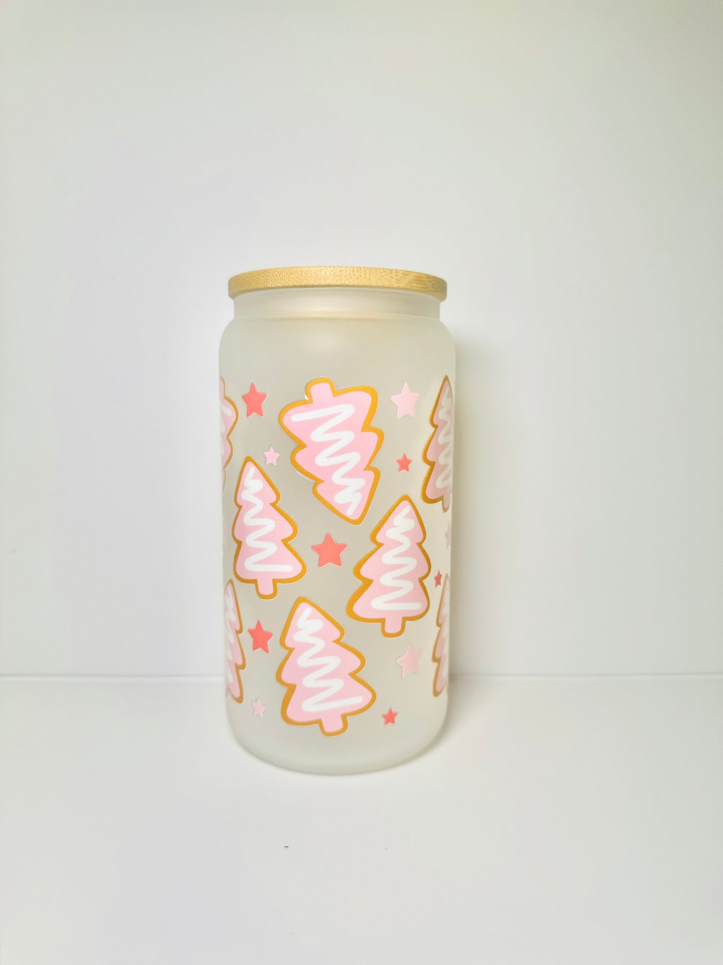 Frosted Pink Trees Christmas 16oz Glass Cup with Vibrant DTF Wrap