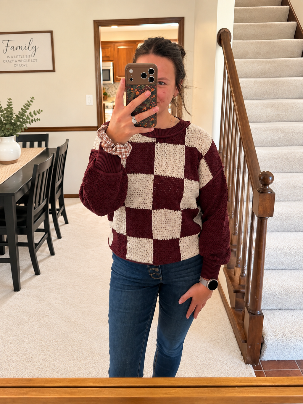 Burgundy & Cream Checkered Knit Sweater