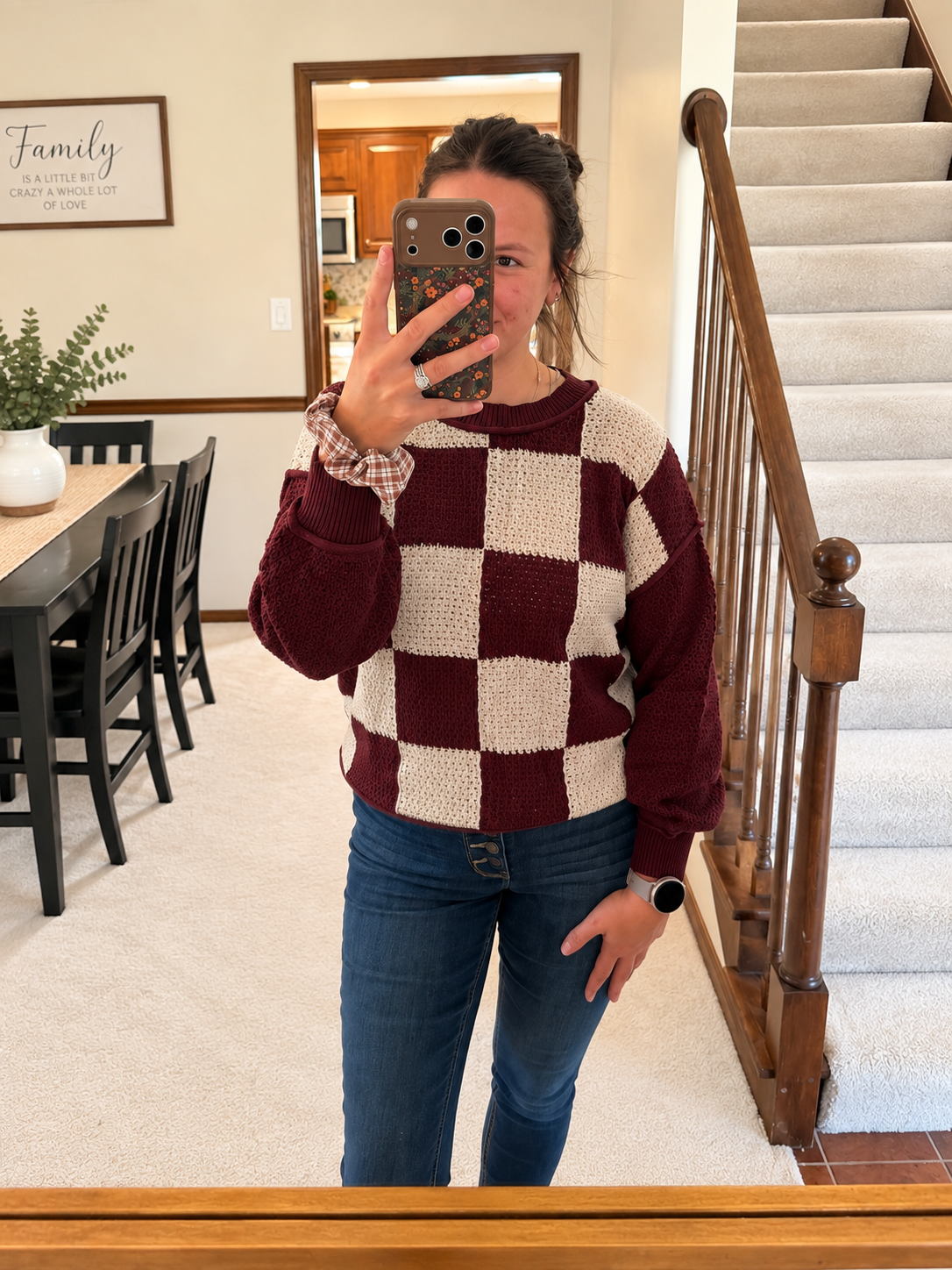 Burgundy & Cream Checkered Knit Sweater