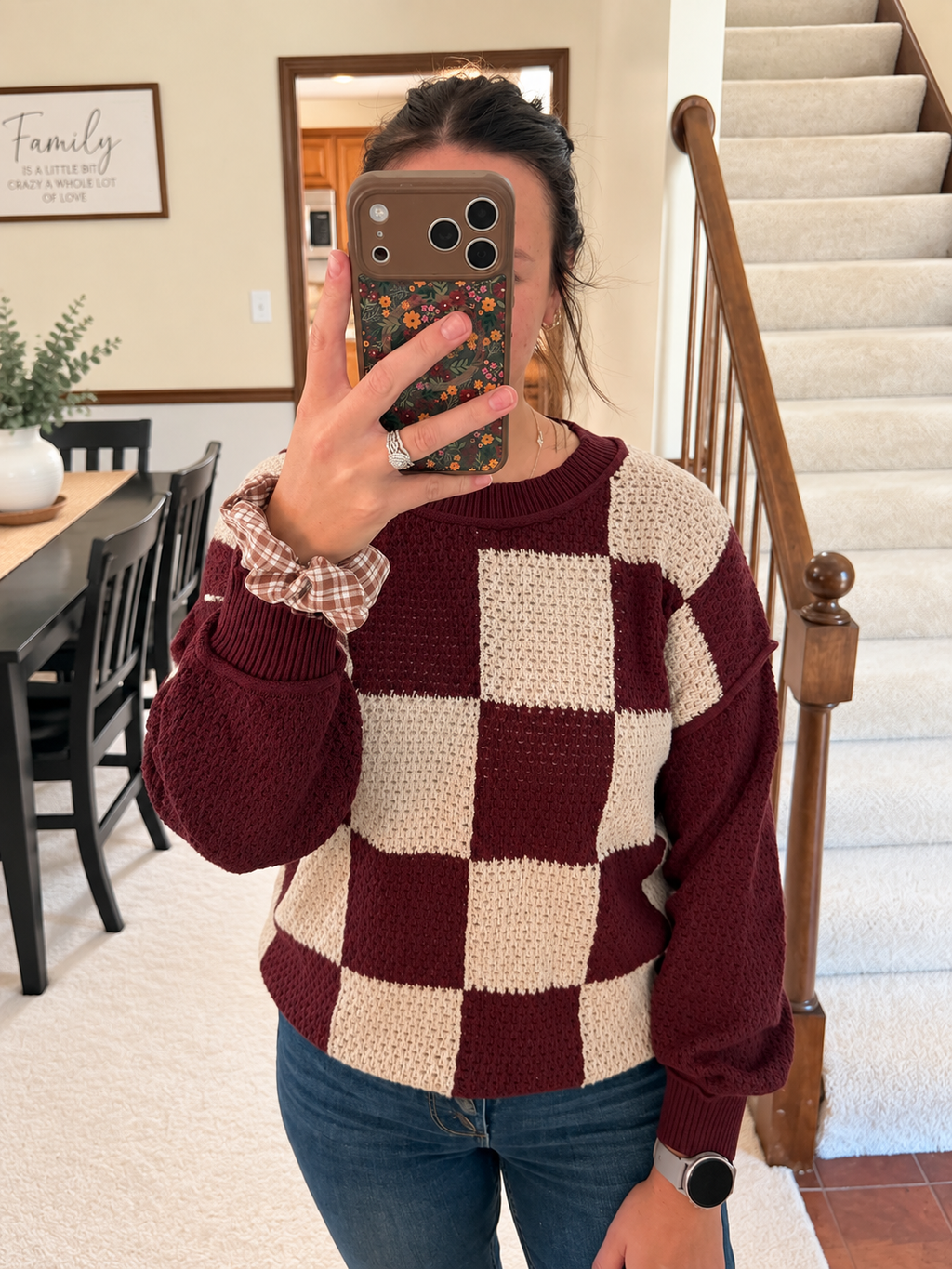 Burgundy & Cream Checkered Knit Sweater