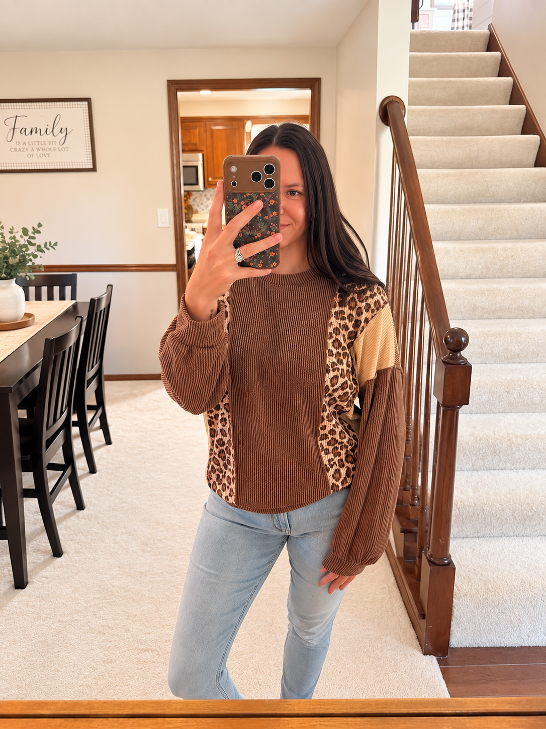Mocha Leopard Print Colorblock Knit Pullover