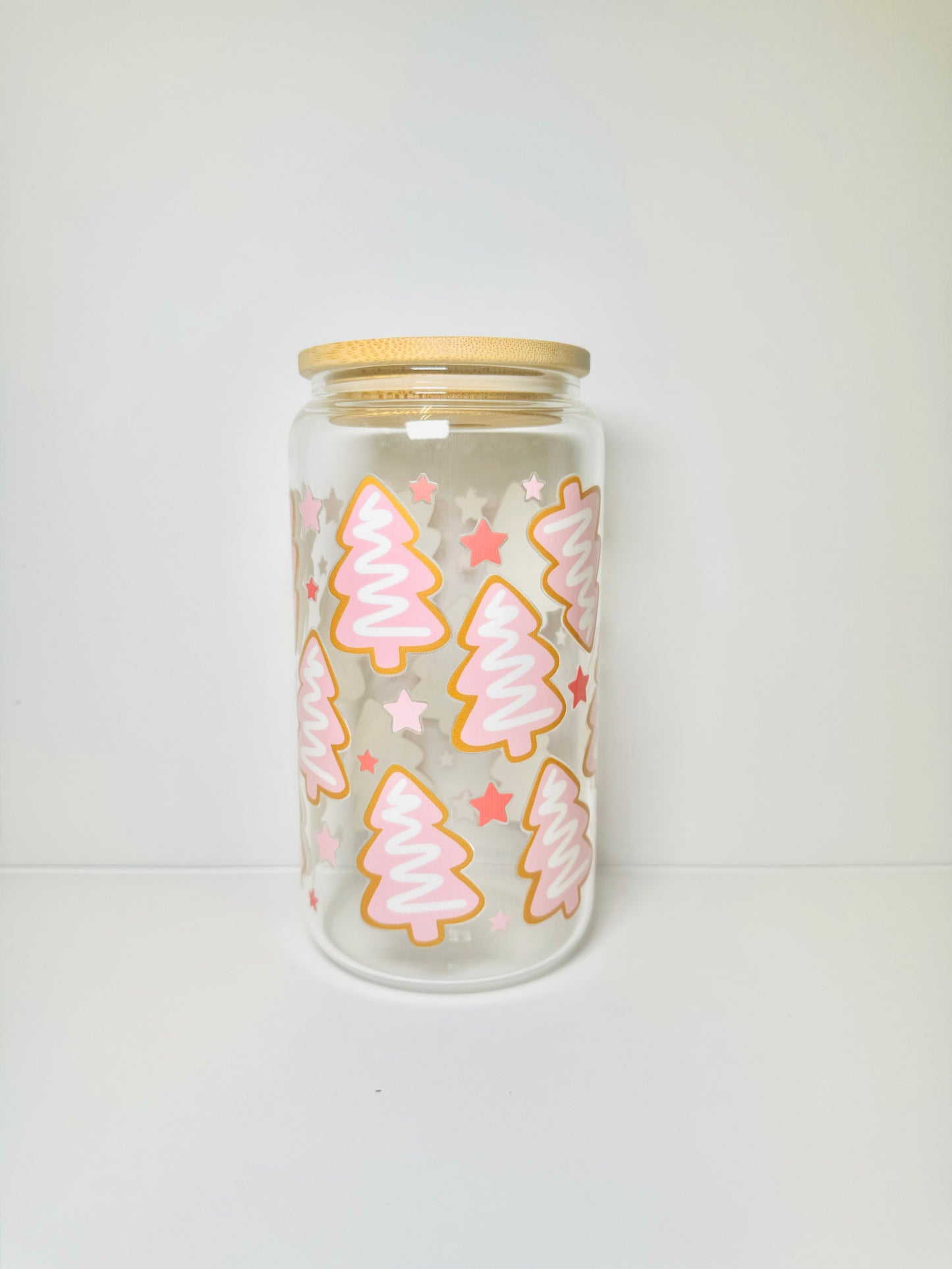 Frosted Pink Trees Christmas 16oz Glass Cup with Vibrant DTF Wrap
