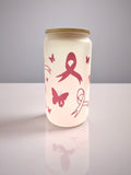 Pink Ribbon Awareness Frosted Glass Cup with Bamboo Lid