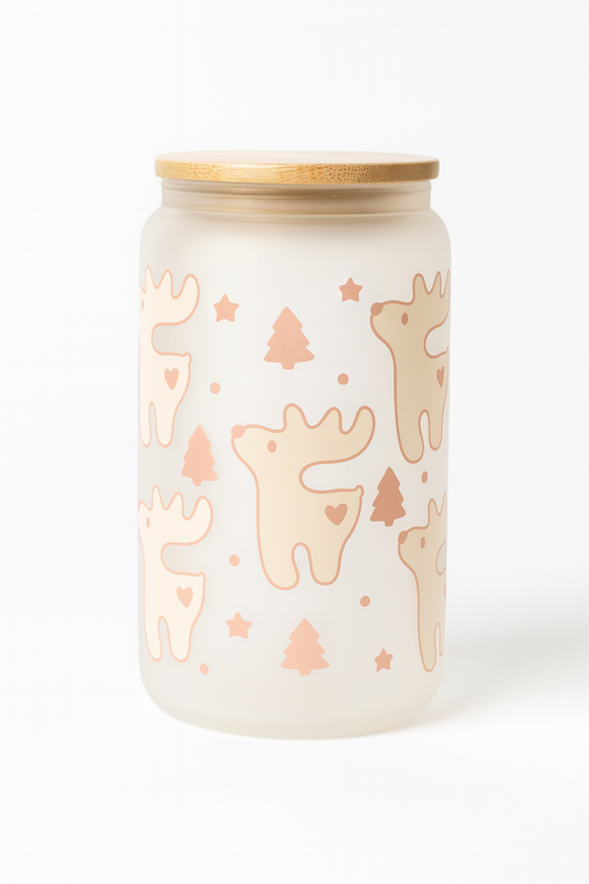 🦌 Pink Reindeer Frosted Glass Cup