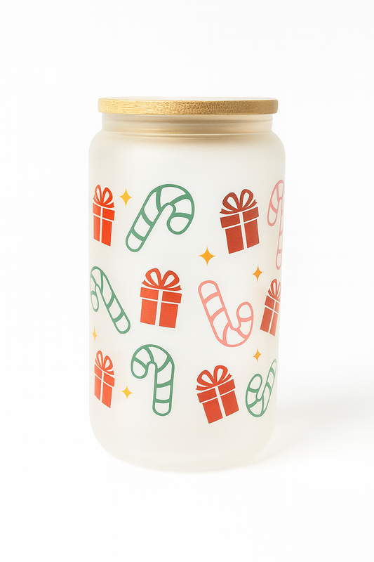 🎁 Candy Cane & Holiday Gifts Frosted Glass Cup
