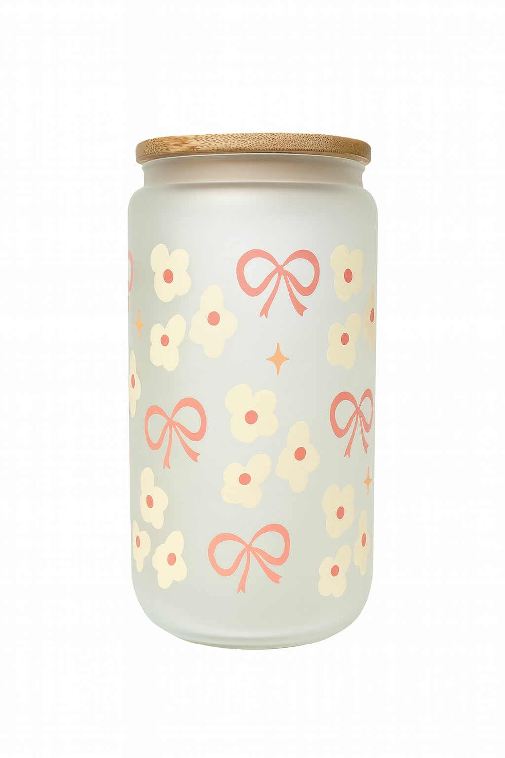 🎀 Floral Bow Glass Cup with Bamboo Lid
