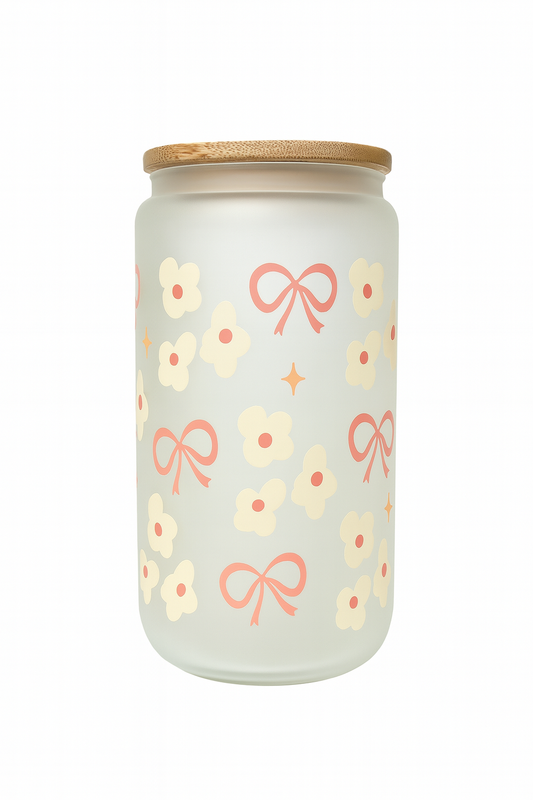 🎀 Floral Bow Glass Cup with Bamboo Lid