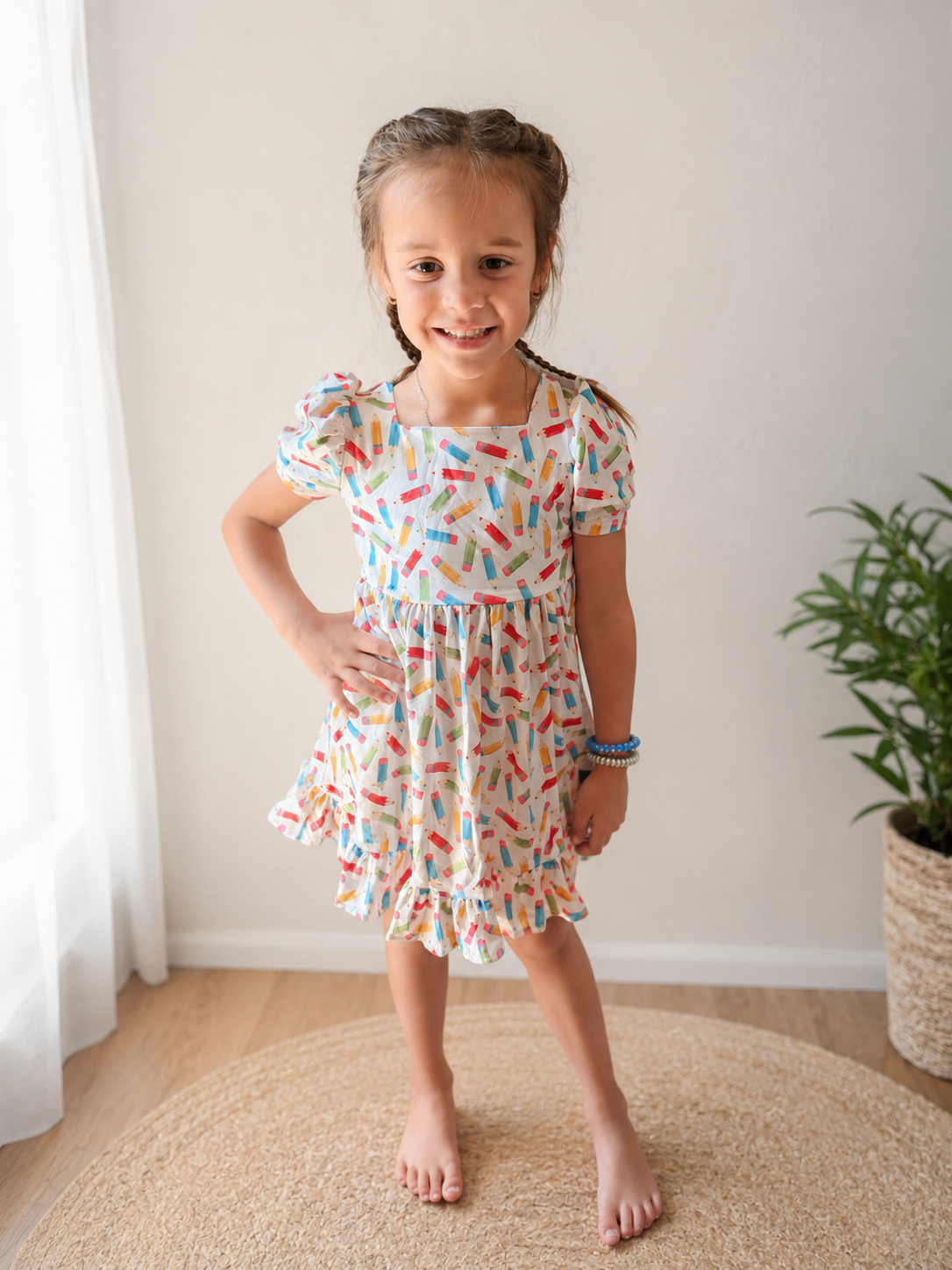 📚 Pencil Print Ruffle Dress