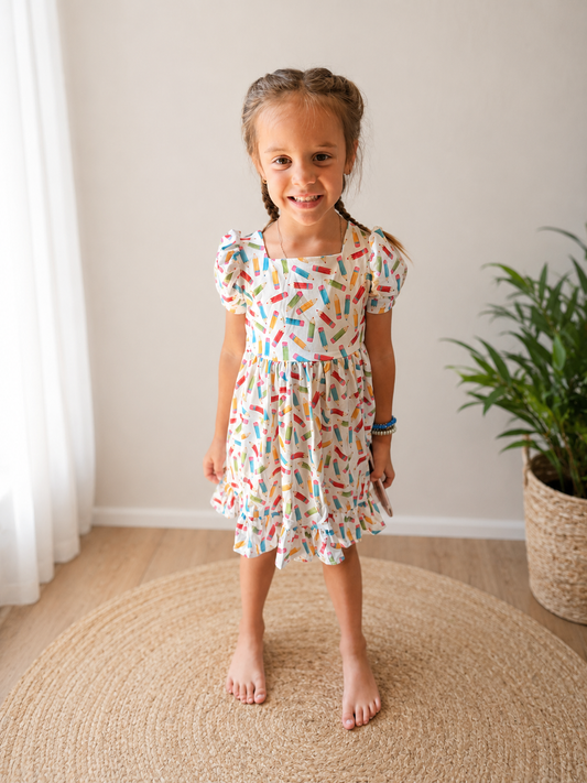 📚 Pencil Print Ruffle Dress