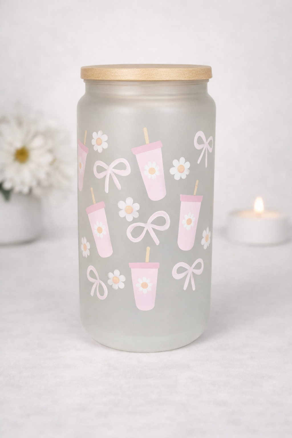 💕 Pink Cups, Bows & Daisies Frosted Glass Cup