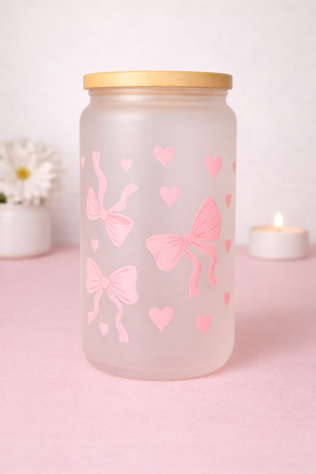 🎀 Pink Bows & Hearts Frosted Glass Cup