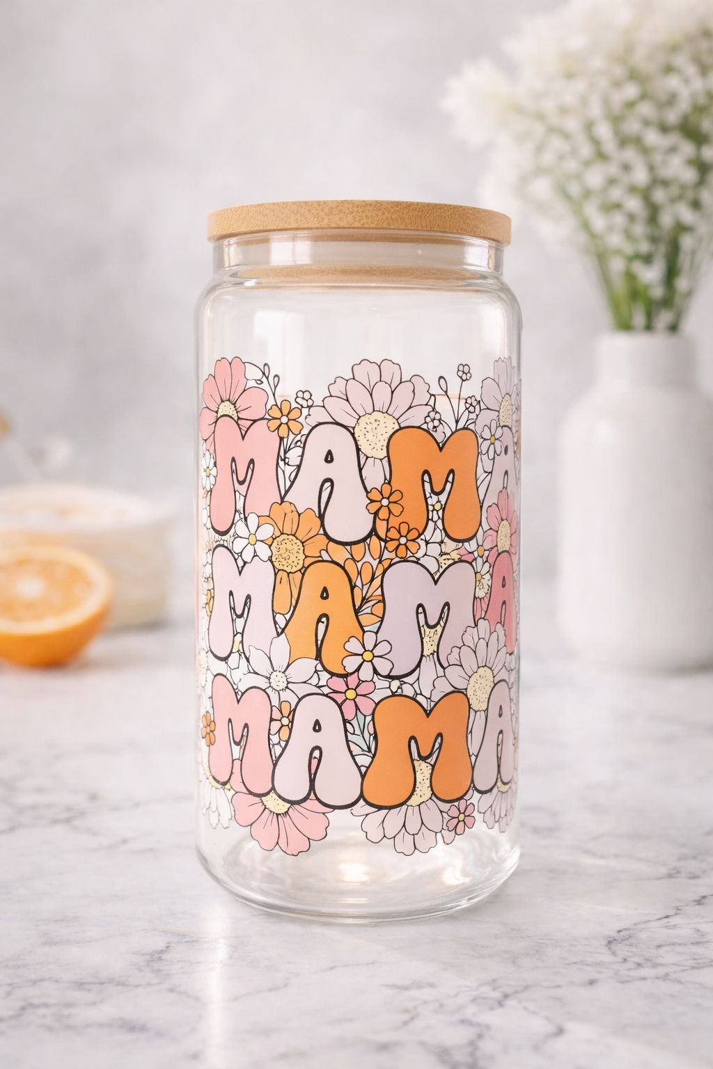 Groovy Floral Mama Glass Cup