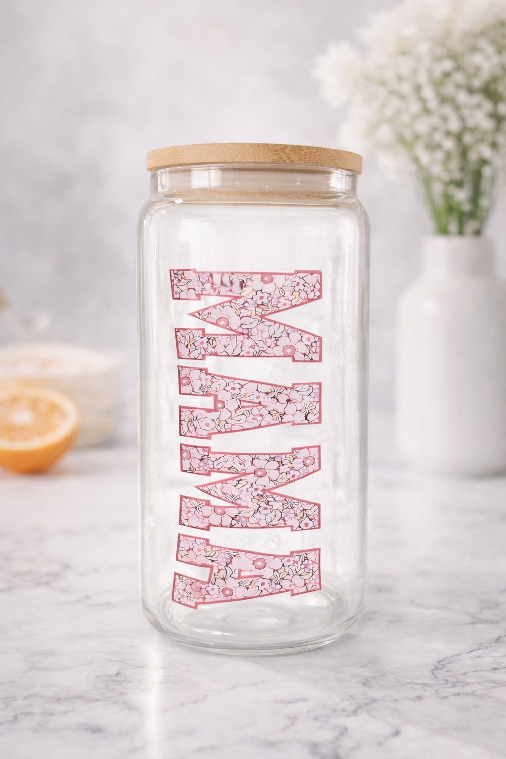 Mama Floral Glass Cup | Iced Coffee Glass with Bamboo Lid