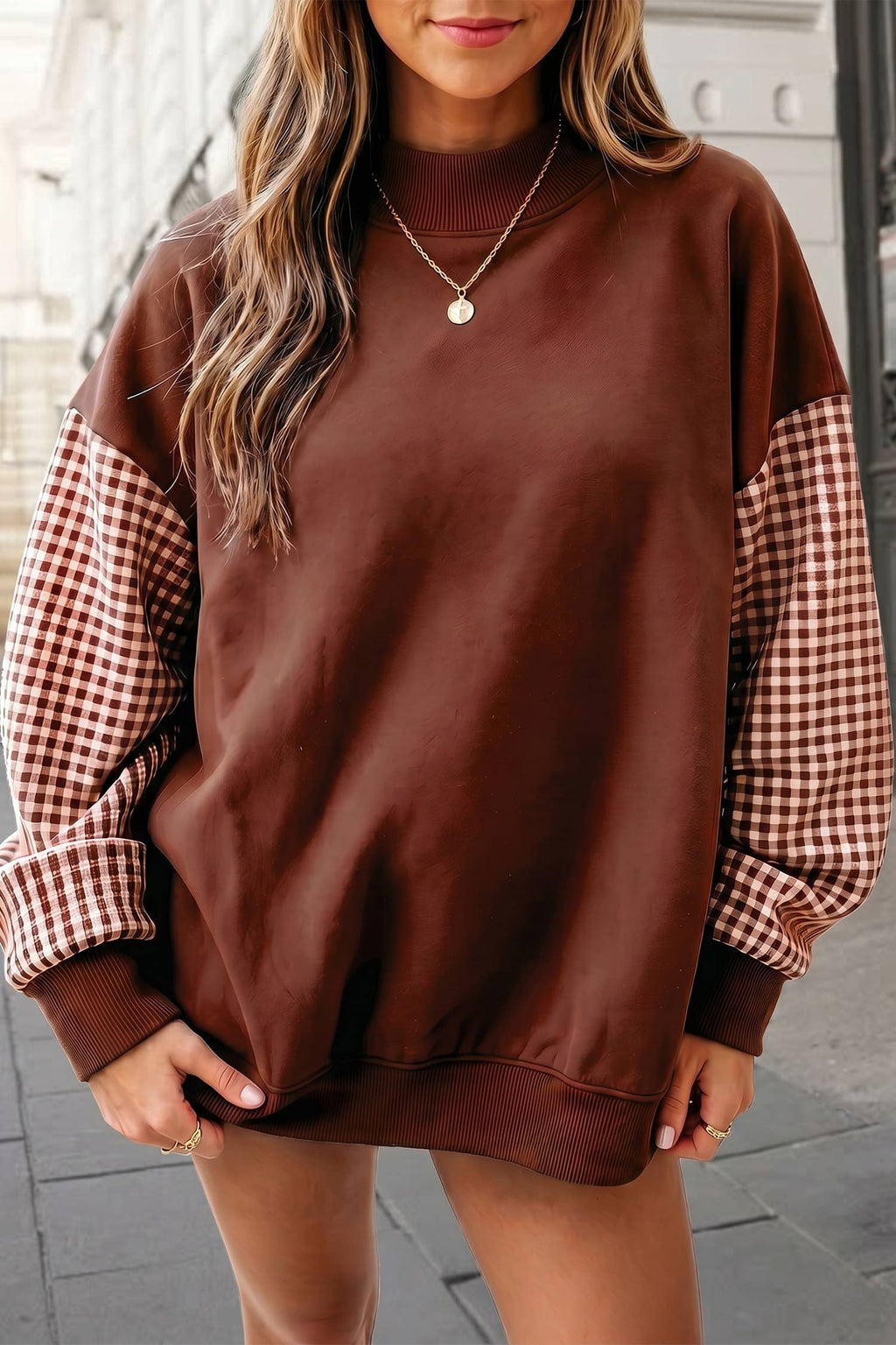 Autumn Gingham Sleeve Mockneck Sweatshirt
