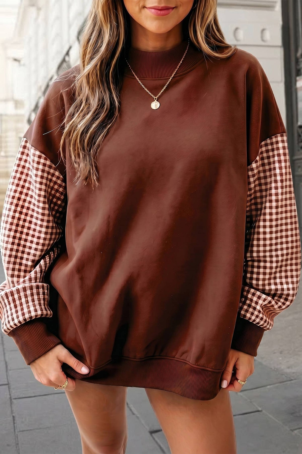 Autumn Gingham Sleeve Mockneck Sweatshirt