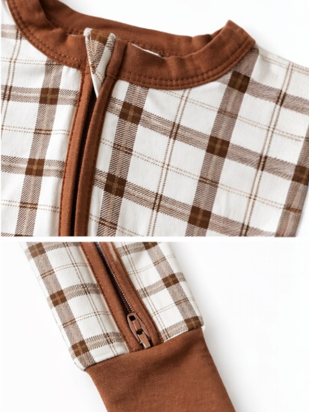 Rust & Cream Plaid Zip-Up Baby Romper