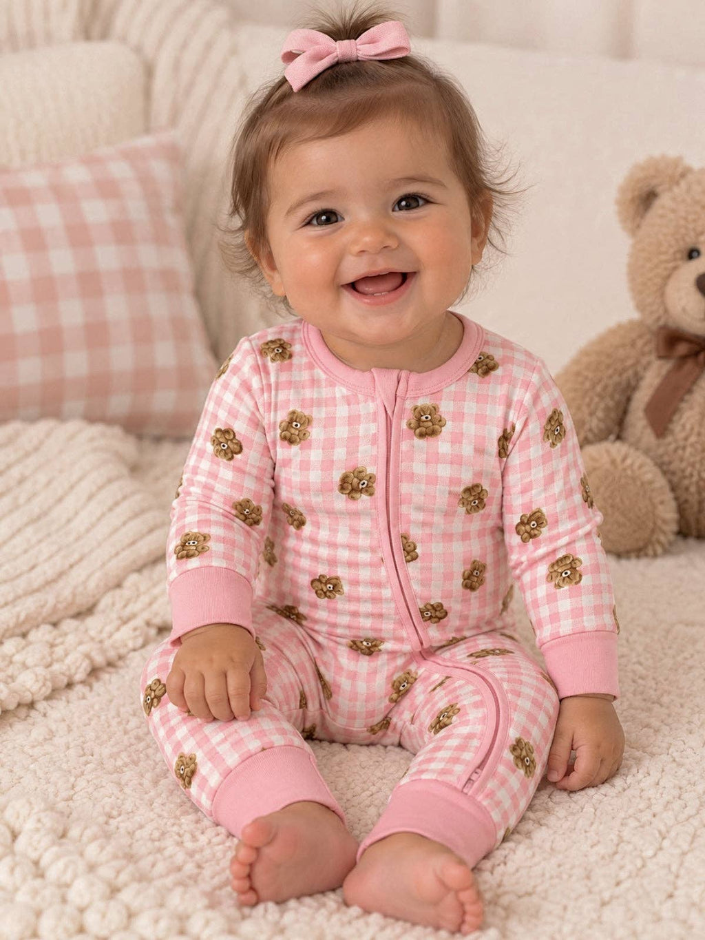 Pink Gingham Teddy Bear Zip-Up Baby Romper