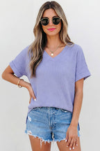 Waffle Texture V Neck Short Sleeve Knit Top | S-XL