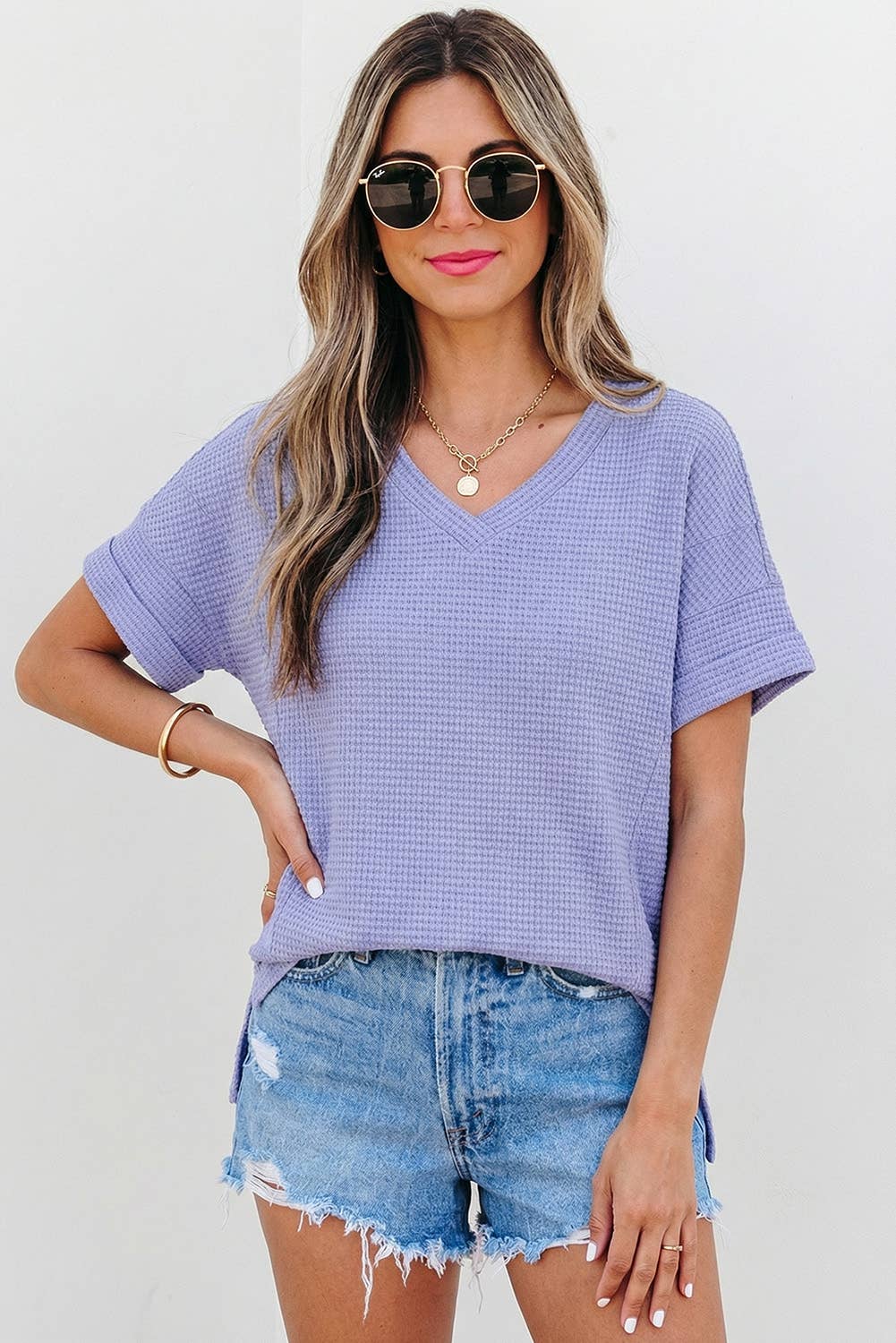 Waffle Texture V Neck Short Sleeve Knit Top | S-XL