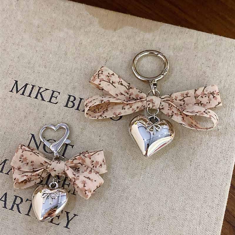 Elegant Floral Print Bow Heart Keychain Charms DP25F586
