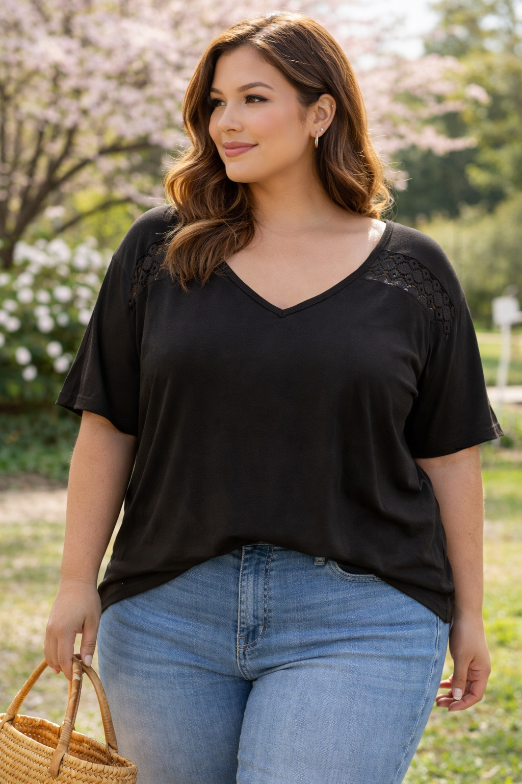 Black Lace Detail V-Neck Top Plus Size